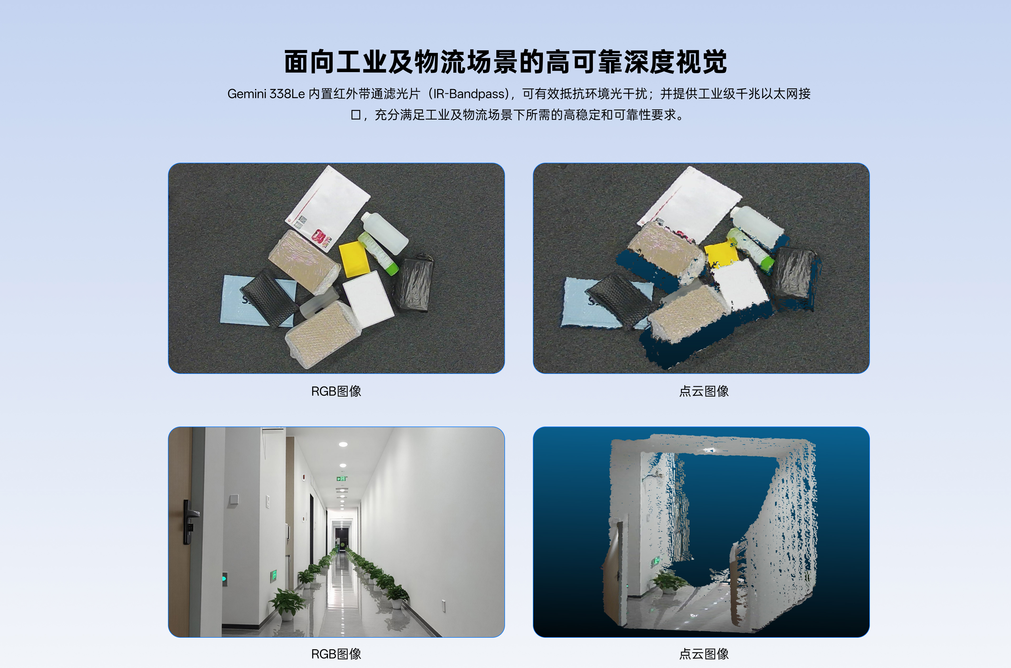 面向工业及物流场景的高靠得住深度视觉，，，，，，Gemini338Le内置红表带通滤光片（IR-Bandpass)，，，，，，可有效抵抗环境光滋扰；；；；；并提供工业级千兆以太网接口，，，，，，充分满足工业及物流场景下所需的高不变和靠得住性要求。。。。。。。
