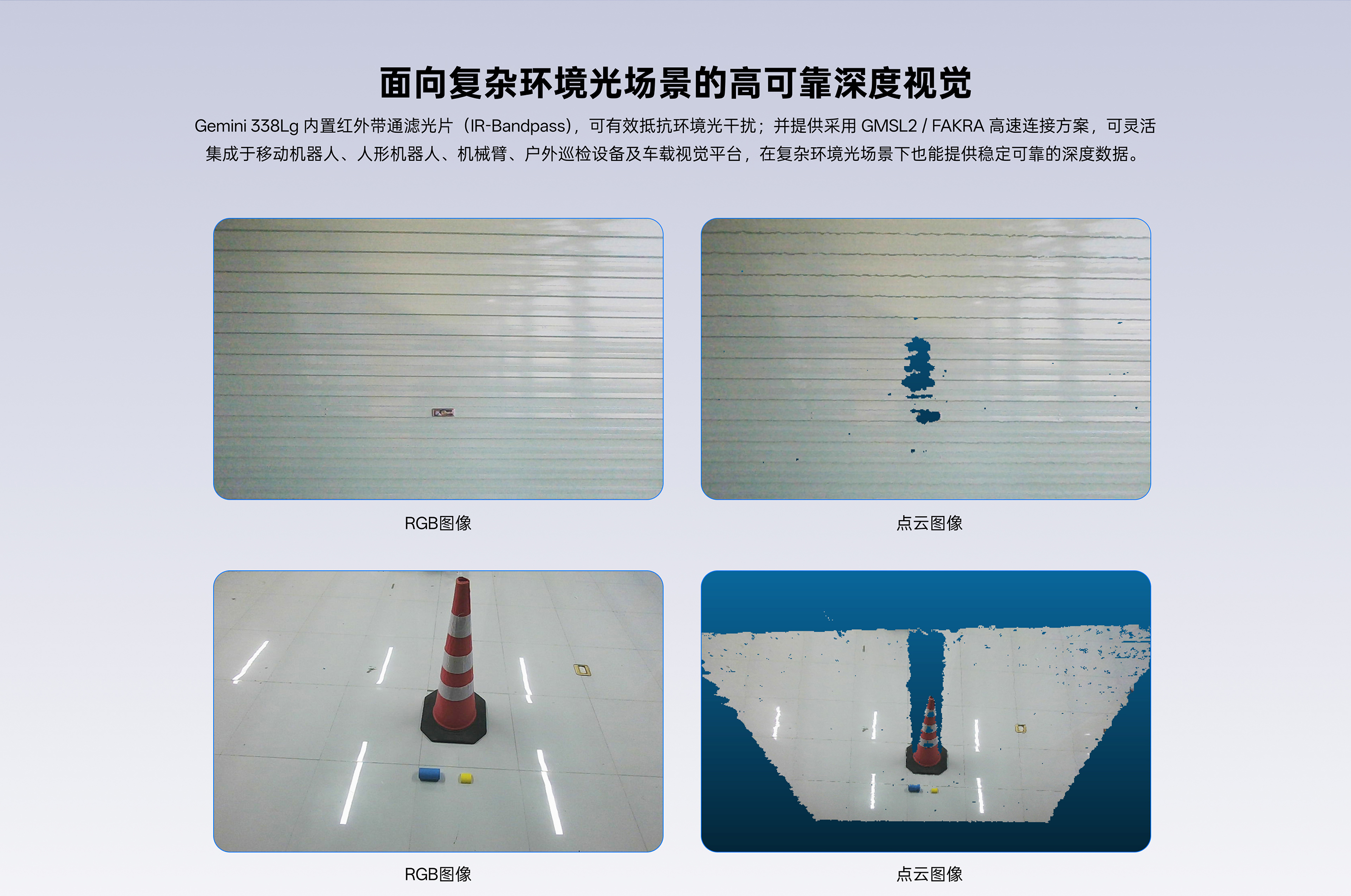 Gemini 338Lg RGB与点云对比图：红表带通滤光片有效抵抗环境光滋扰，，，，，，在复杂光照下持续输出不变深度