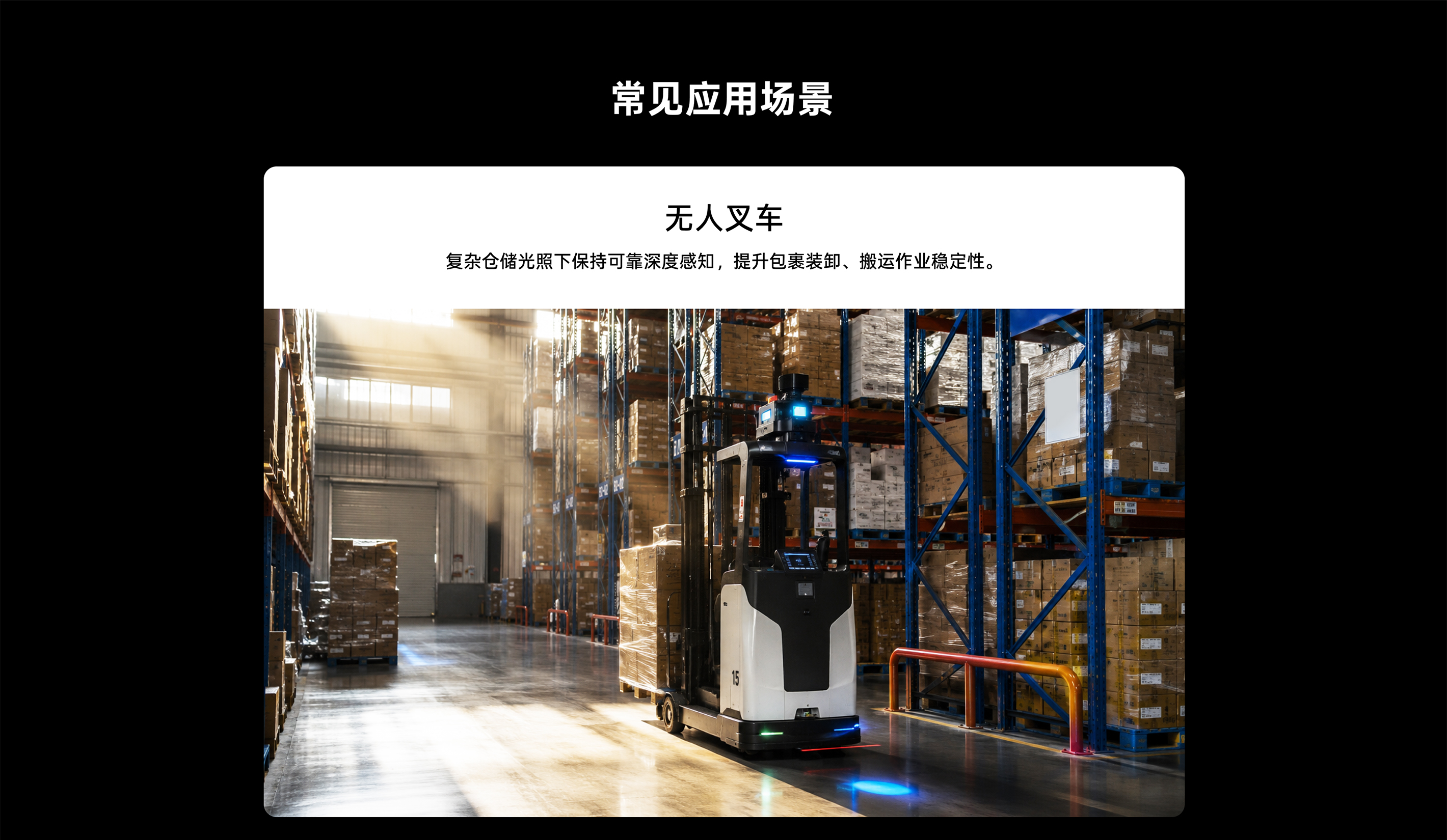 无人叉车在大型仓储货架间不变作业，，，，，，Gemini 338Lg 在复杂光照环境下实现精准深度感知与货物搬运